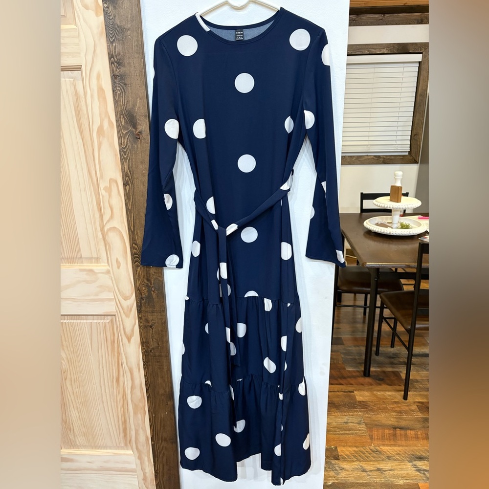 SHEIN Navy and White Polka Dot Long Sleeve Dress